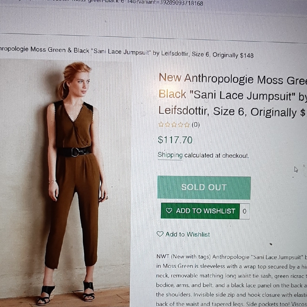 Anthropologie Moss Green & Black Sani Lace Jumpsuit by Leifsdottir Not Belted